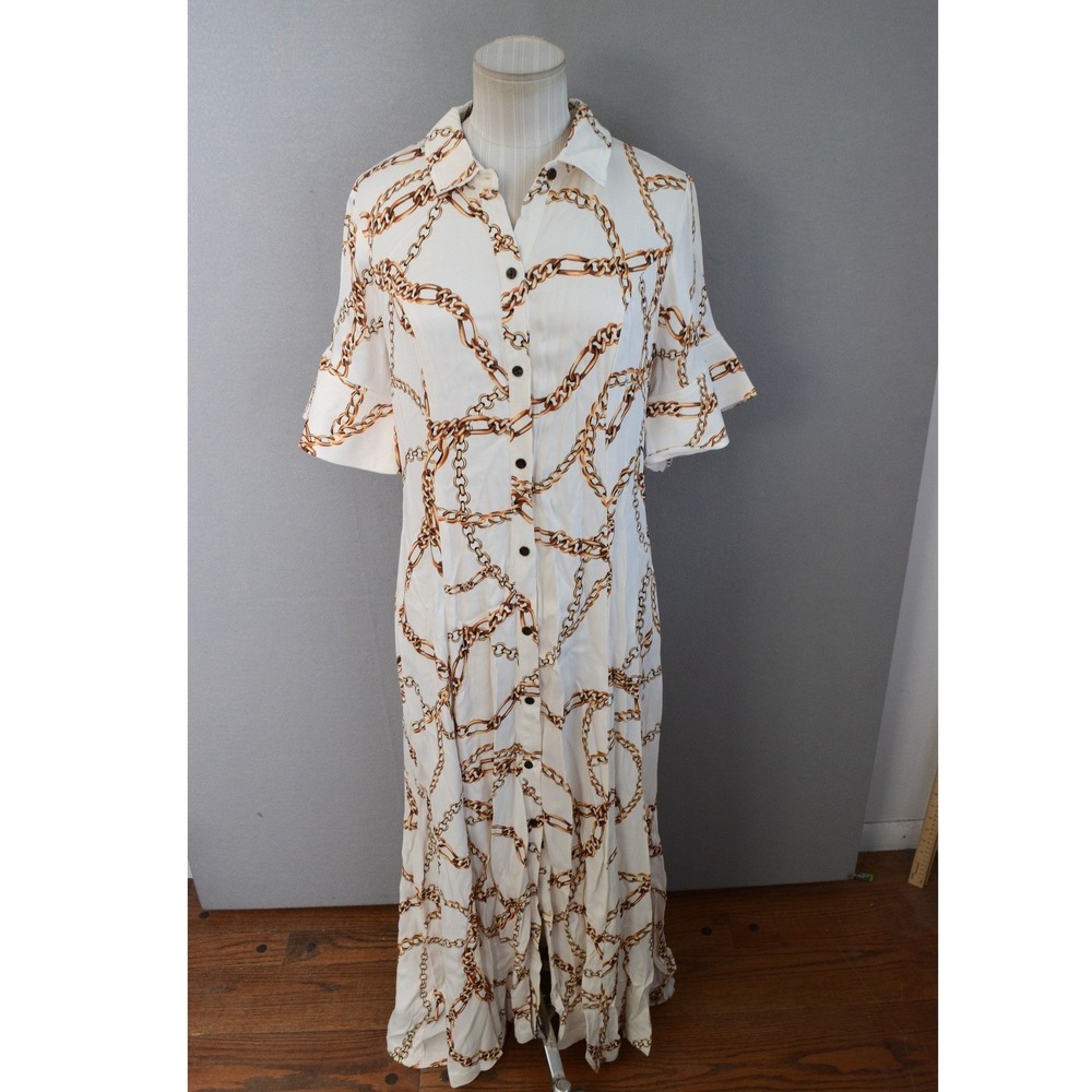 Maeve Anthropologie Maxi Dress Medium Ivory Chain Link Button Front Women New
